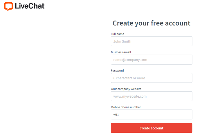 Livechat create an account