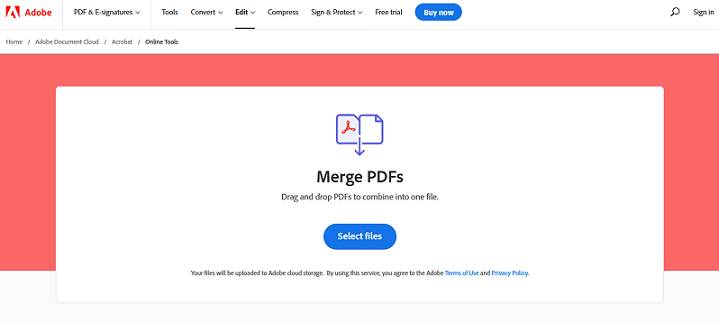 Adobe Merge PDFs website